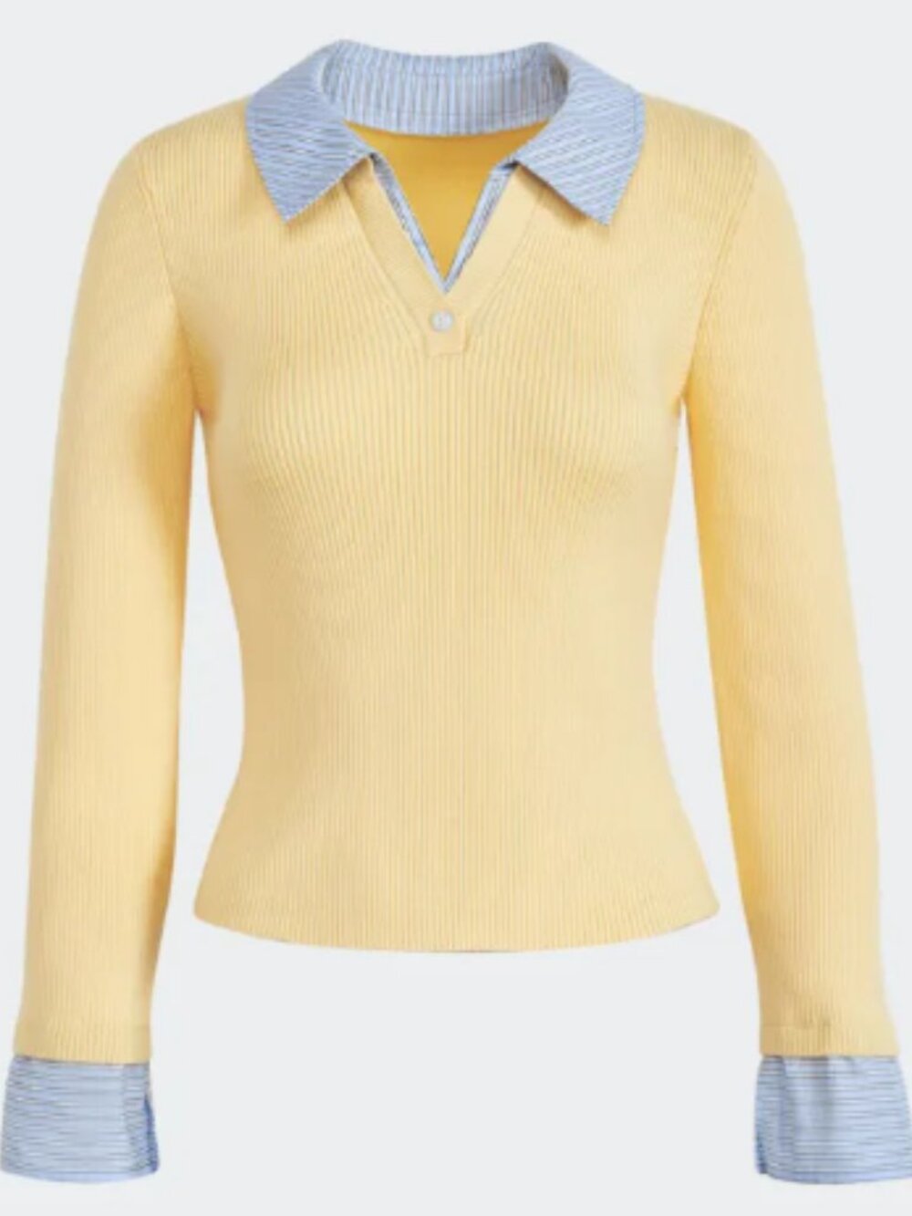 Yellow Layered Look Long-Sleeve Ribbed Top Sweater with Contrast Collar